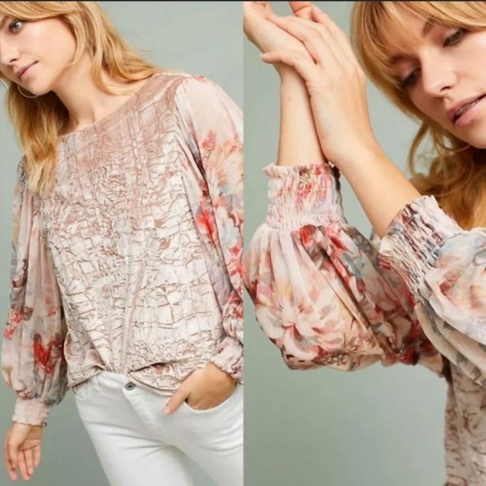 Anthropologie Meadow Rue Top XS Extra Small Pink Floral Velvet Long Sleeve - Picture 3 of 10